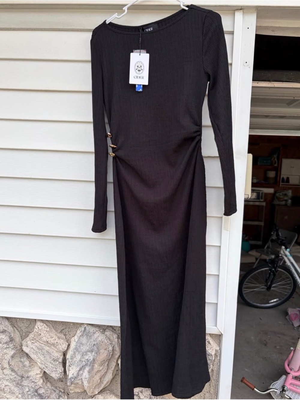 Cider Black Ribbed Long-Sleeve Midi Dress with Side Ring Detail
